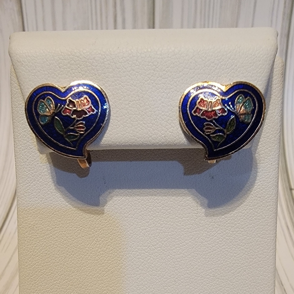 Vintage Blue Cloisonné Butterfly Floral Heart Clip On Earrings